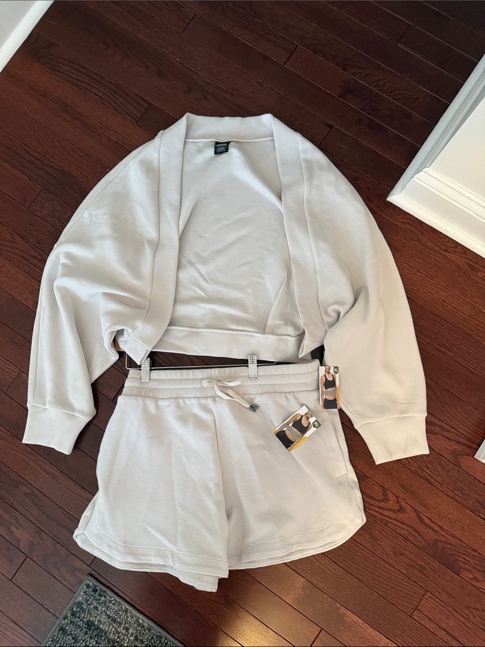 Light Cream Ribbed Knit Lounge Set Crop Jacket & Shorts